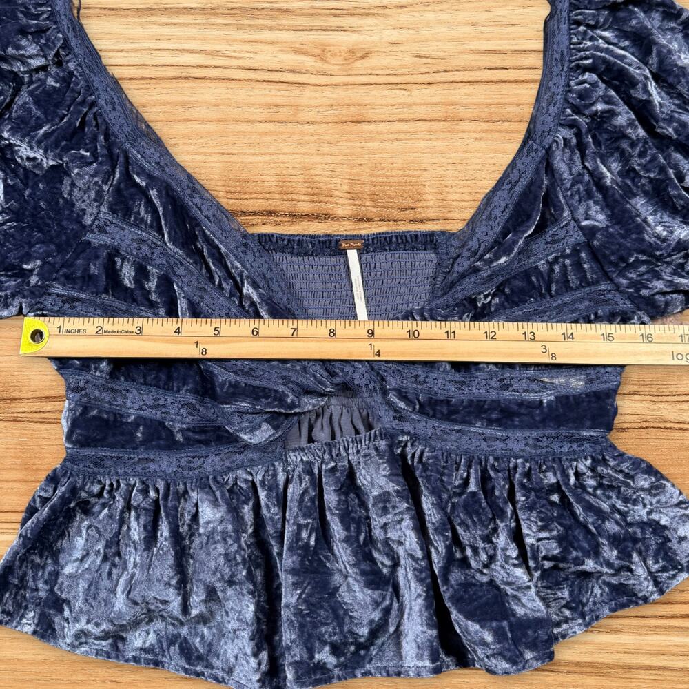Free People Yours Truly Crushed Velvet Peplum Puff Sleeve Top Blue Size Medium - Picture 6 of 9